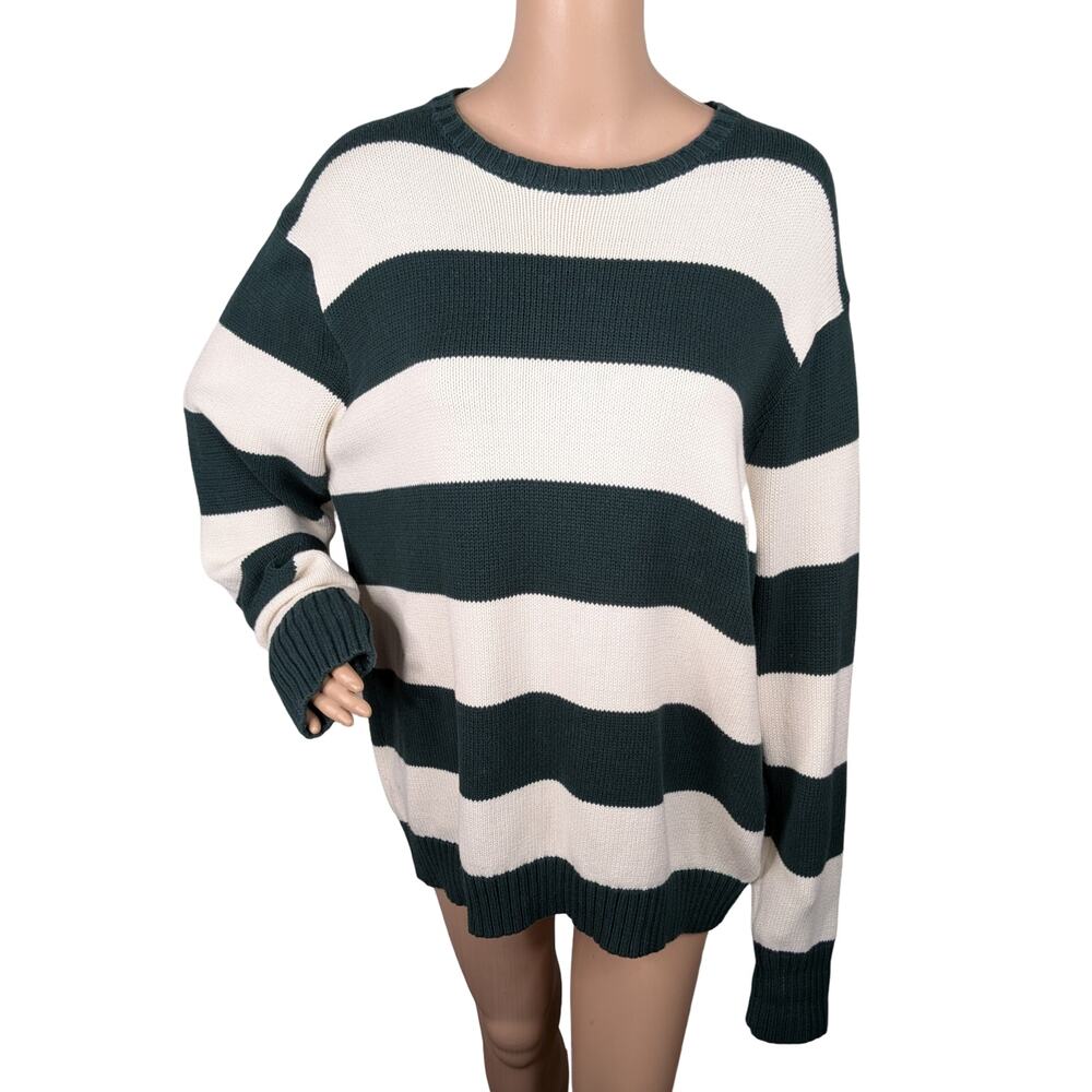 John Galt Brianna Forest Green Ivory Chunky Stripe Coastal Preppy Sweater SZ L - Picture 3 of 9
